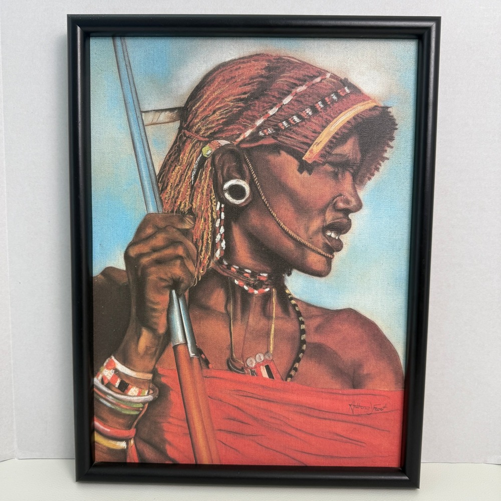 Maasai African Warrior Portrait Art Framed 13x17 Canvas Tribal Masculine‎ Decor